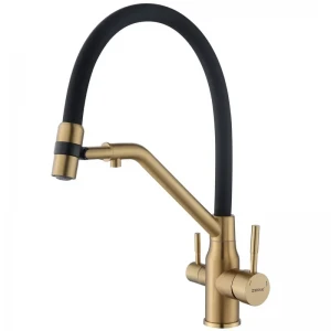 Змішувач для кухні з силіконовим виливом Zerix MAG-021 Brushed Gold Refl.Black з нерж. сталі SUS304 з виходом для пит.води (ZX6007)