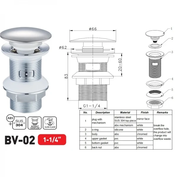 Донний клапан для раковини Zerix BV-02 1 1/4''  без переливу автоматичний СLICK-СLACK (Колір хром) (ZX6015)