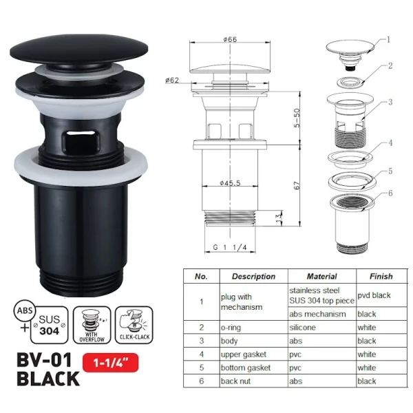 Донный клапан для раковины Zerix BV-01 BLACK 1 1/4'' с переливом автоматический СLICK-СLACK (Цвет черный) (ZX6016)