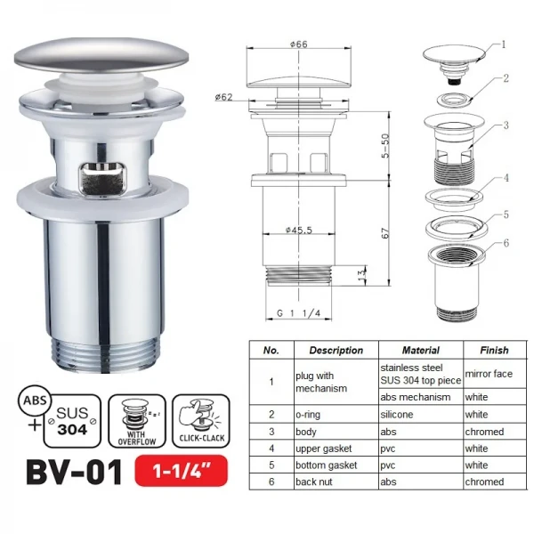 Донний клапан для раковини Zerix BV-01 1 1/4'' з переливом автоматичний СLICK-СLACK (Колір хром) (ZX6017)