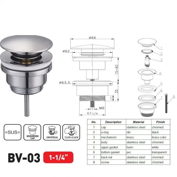 Донний клапан для раковини Zerix BV-03 1 1/4''  універсальний (з/без перел) СLICK-СLACK (Колір хром) (ZX6019)