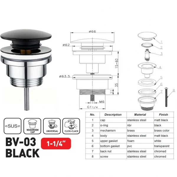 Донний клапан для раковини Zerix BV-03 BLACK 1 1/4''  універсальний (з/без перел) СLICK-СLACK (Колір чорний) (ZX6020)