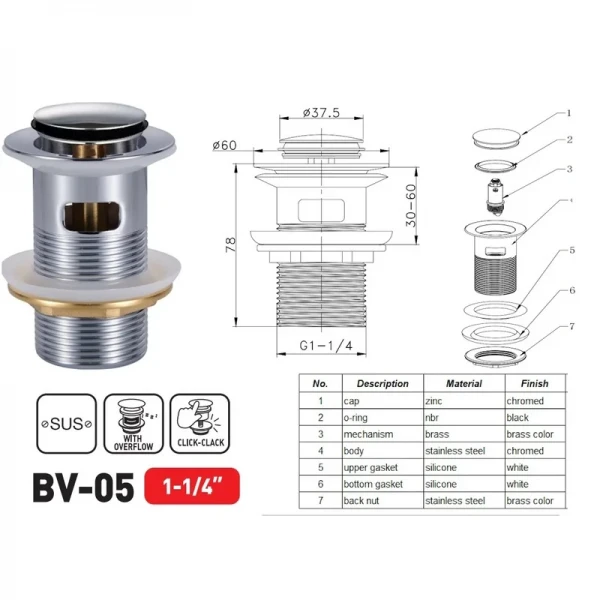 Донний клапан для раковини Zerix BV-05 1 1/4'' з переливом автоматичний СLICK-СLACK (Колір хром) (ZX6022)