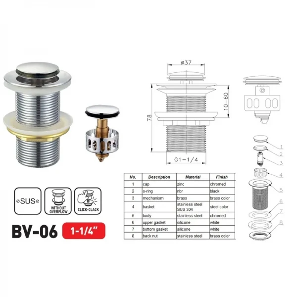 Донний клапан для раковини Zerix BV-06 1 1/4''  без переливу автоматичний СLICK-СLACK (Колір хром) (ZX6023)