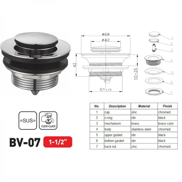 Донний клапан для ванни Zerix BV-07 1 1/2'' автоматичний СLICK-СLACK (Колір хром) (ZX6024)