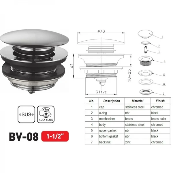 Донний клапан для ванни Zerix BV-08 1 1/2'' автоматичний СLICK-СLACK (Колір хром) (ZX6025)