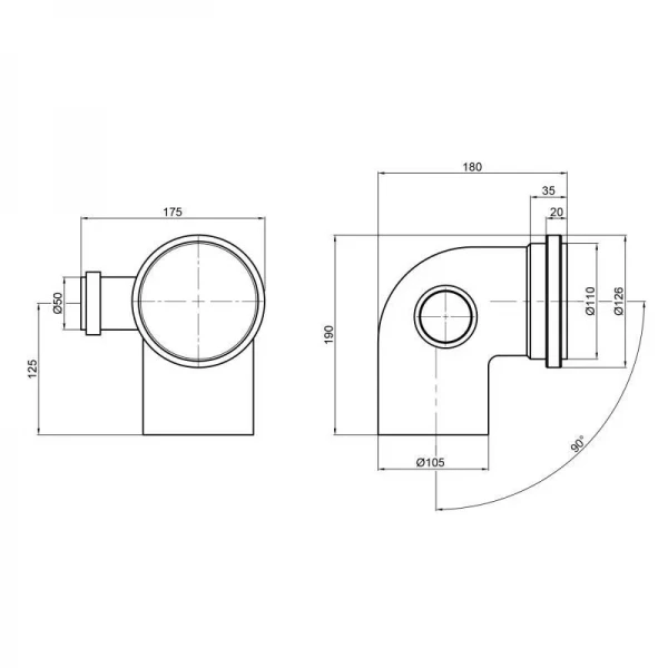Колено канализационное с отводом TA Sewage 50х110х110, 90° (в лево)