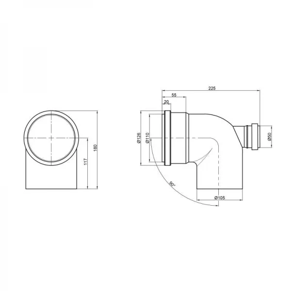 Колено канализационное с отводом TA Sewage 50х110х110, 90° (назад)