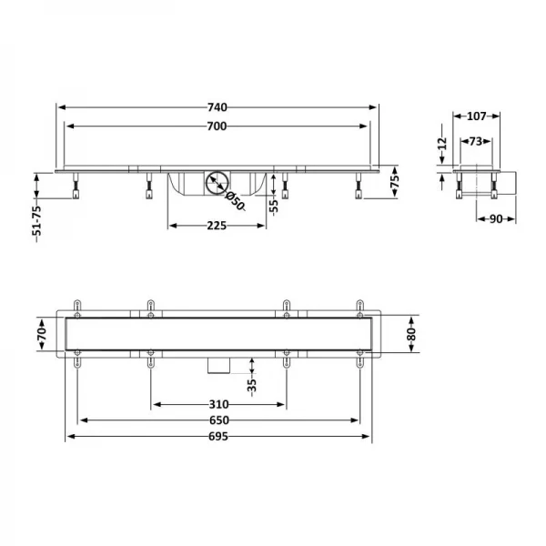 Трап Qtap Dry FB304-700 линейный с сухим затвором и нержавеющей решеткой 700х73