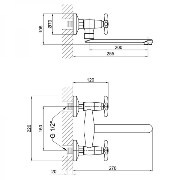 Змішувач для раковини Lidz Dominox 361 настінний з поворотним виливом двохвентильний LDDOM361CRM35542 Chrome