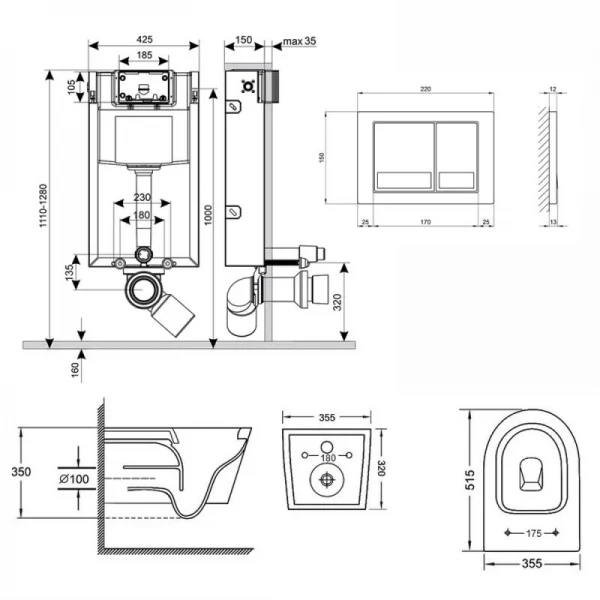 Готове рішення Qtap для ванної кімнати: підвісний унітаз Swan Rimless + комплект інсталяції Nest 4 в 1 (квадратна клавіша Satin)