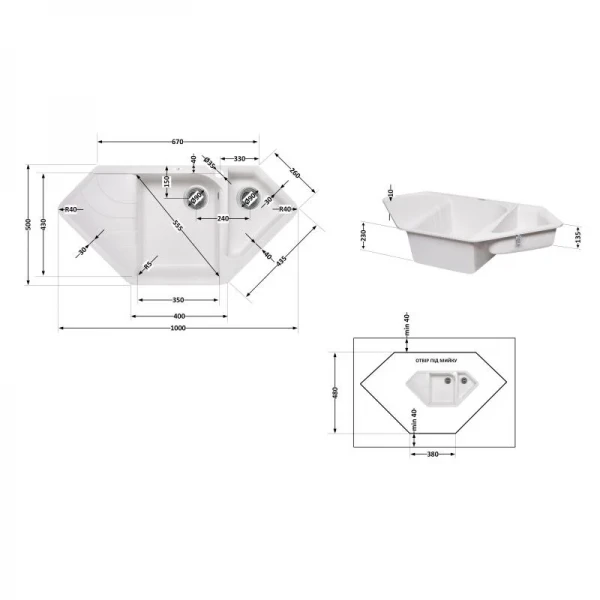 Кухонная мойка с дополнительной чашей Lidz 1000x500/225 WHI-01 (LIDZWHI011000500225)