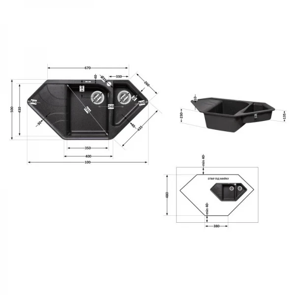 Кухонна мийка з додатковою чашею Lidz 1000x500/225 GRF-13 (LIDZGRF131000500225)