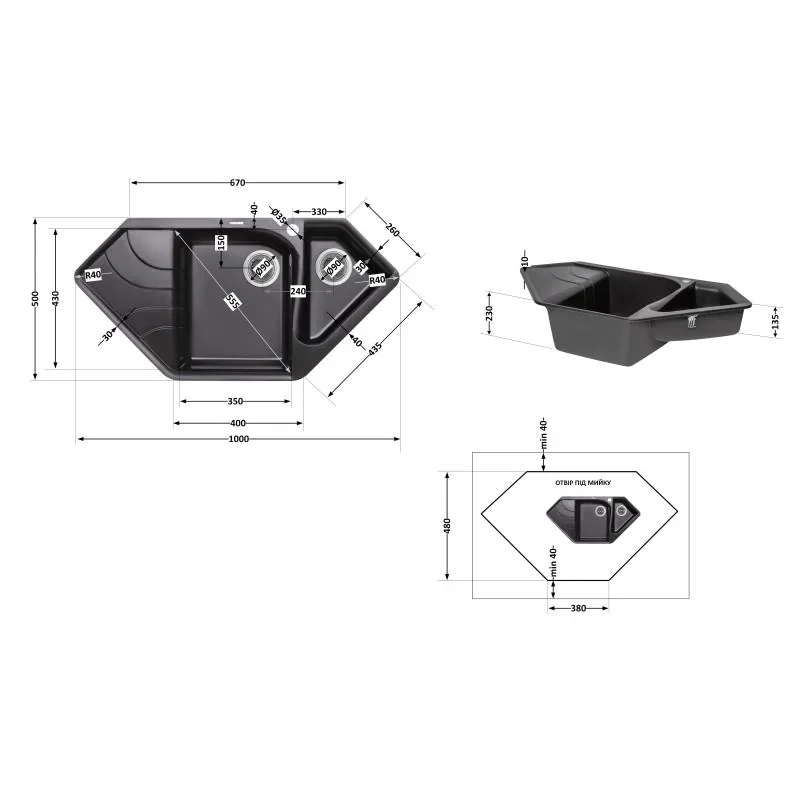 Кухонная мойка с дополнительной чашей Lidz 1000x500/225 BLM-14 (LIDZBLM141000500225)