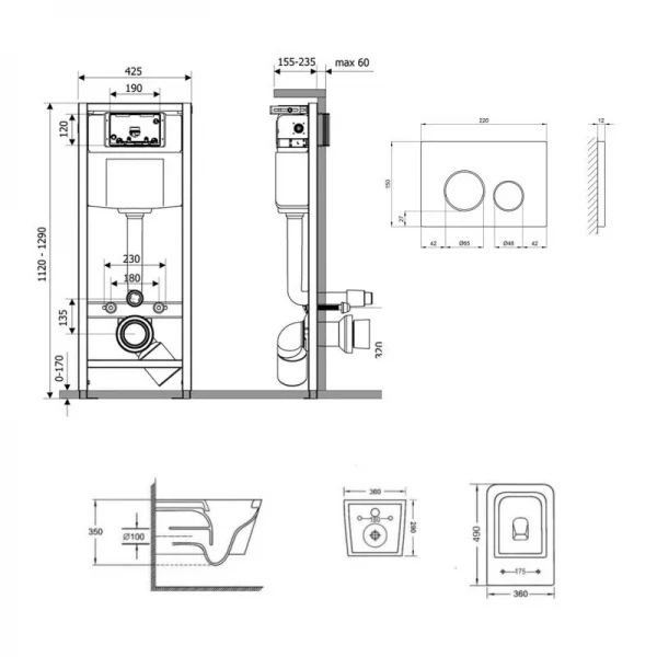 Готове рішення Qtap для ванної кімнати: підвісний унітаз Crow Ultra Quiet + комплект інсталяції Nest 4 в 1 (кругла клавіша Chrome)