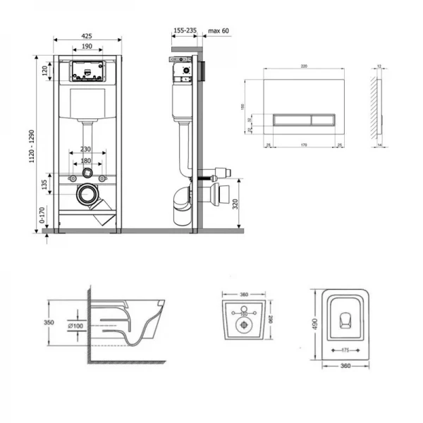Готове рішення Qtap для ванної кімнати: підвісний унітаз Crow Ultra Quiet + комплект інсталяції Nest 4 в 1 (лінійна клавіша Black mat)