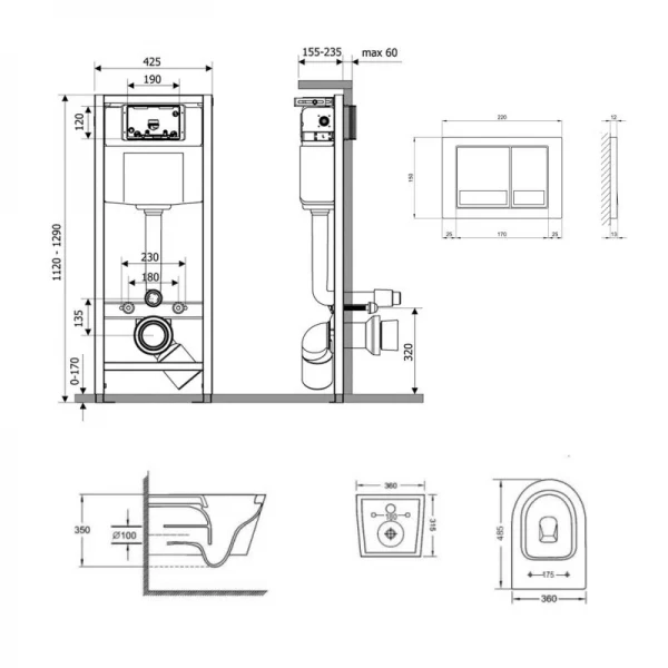 Готове рішення Qtap для ванної кімнати: підвісний унітаз Jay Ultra Quiet + комплект інсталяції Nest 4 в 1 (квадратна клавіша Chrome)