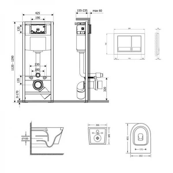 Готове рішення Qtap для ванної кімнати: підвісний унітаз Swan Ultra Quiet + комплект інсталяції Nest 4 в 1 (квадратна клавіша Chrome)