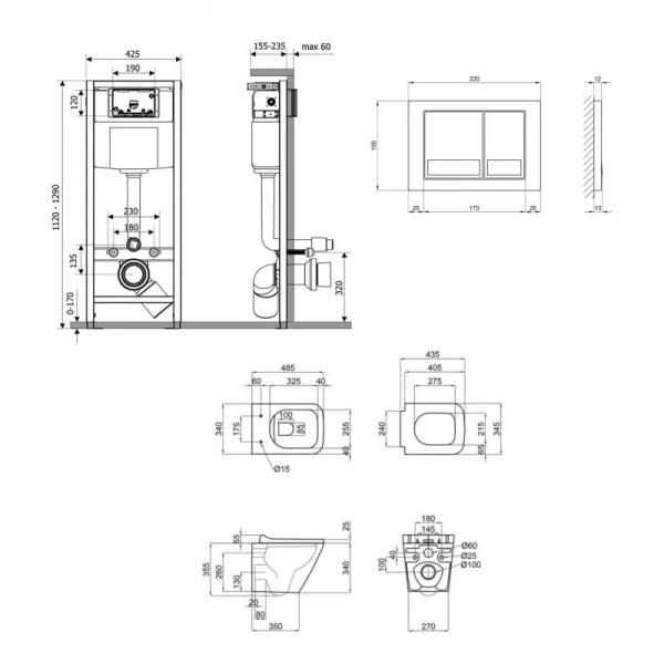 Готове рішення Qtap для ванної кімнати: підвісний унітаз Tern Ultra Quiet + комплект інсталяції Nest 4 в 1 (квадратна клавіша Chrome)
