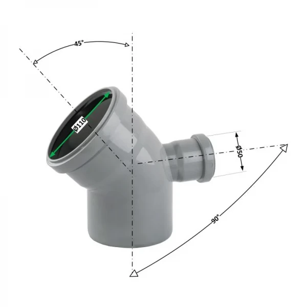 Колено 110x45+ 50х90°х270 горизонтальное TA Sewage