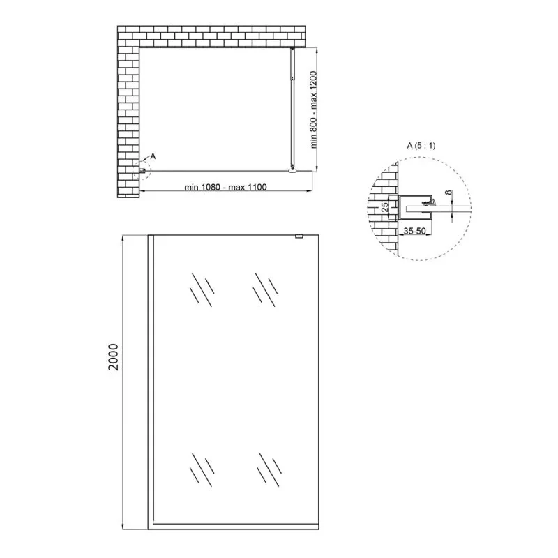Душевая перегородка Qtap Walk-In Standard BLM2011.C8 100х200 см, стекло Clear 8 мм, покрытие CalcLess