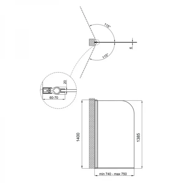Штора на ванну Qtap Standard BLM407513APL стекло Pear 6 мм, 75х140 см, левая