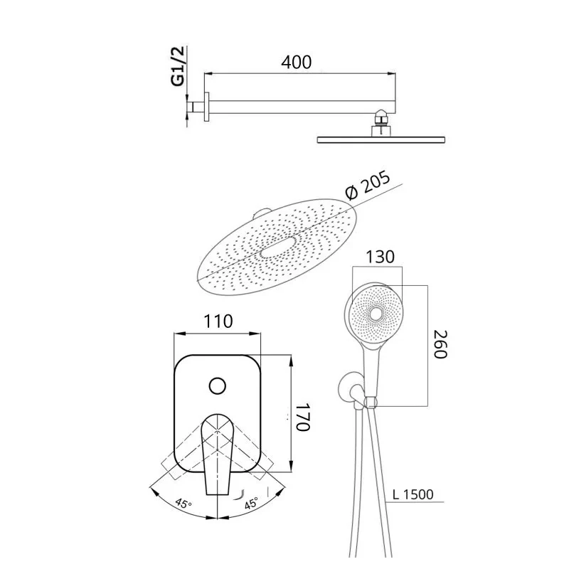 Душова система універсальна Qtap Slavonice прихованого монтажу на два споживача QTSLA113BLM45900 Black Matt