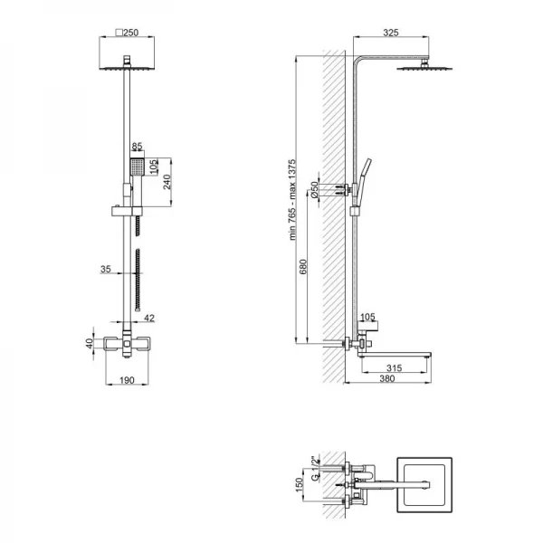 Душова система універсальна Lidz Kubis 1033 на три споживача (з виливом) (k35) LDKUB1033NKS46110 Nickel