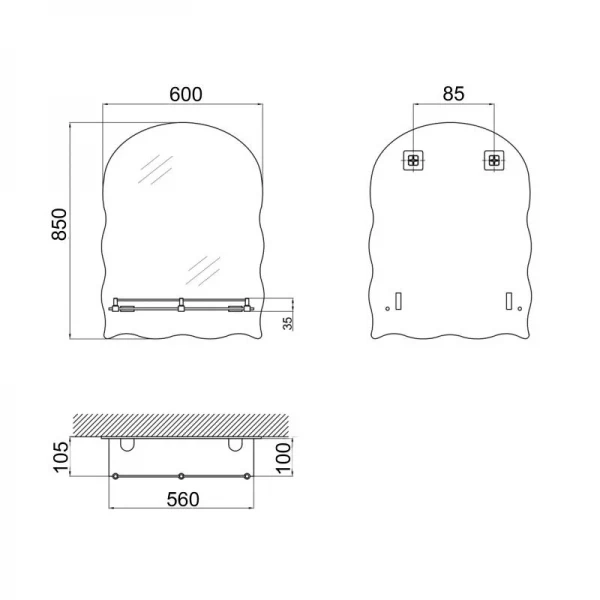 Дзеркало Lidz Anny 140.07.02 (1) 600х850х106 настінне з поличкою прямокутне з дугоподібним верхом та фігурними боками LD78AN6085