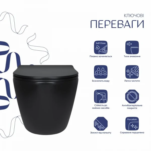 Унітаз підвісний Qtap Robin New Ultra Quiet безобідковий з сидінням Soft-close MATT BLACK QT13332381АSMB