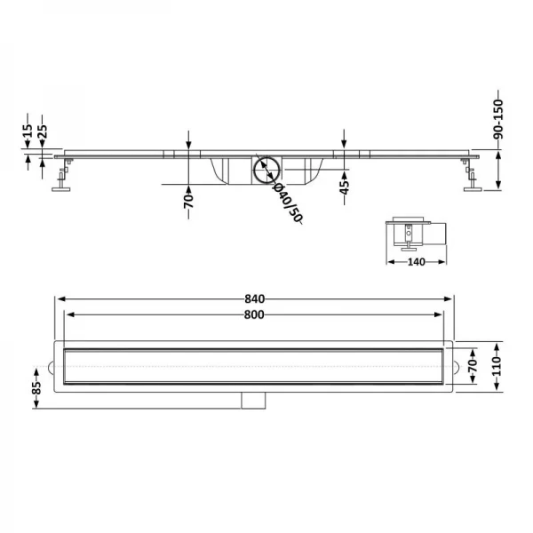 Трап из нержавеющей стали Qtap Scorpio Tile800 линейный под плитку (поворотный сифон/сухой затвор)