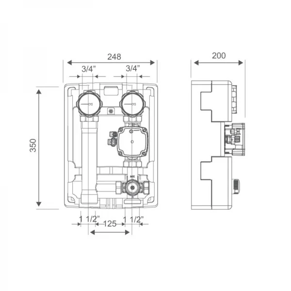 Насосная группа Icma с ручной регулировкой и термостатическим смесителем правое подключение 1 1/2