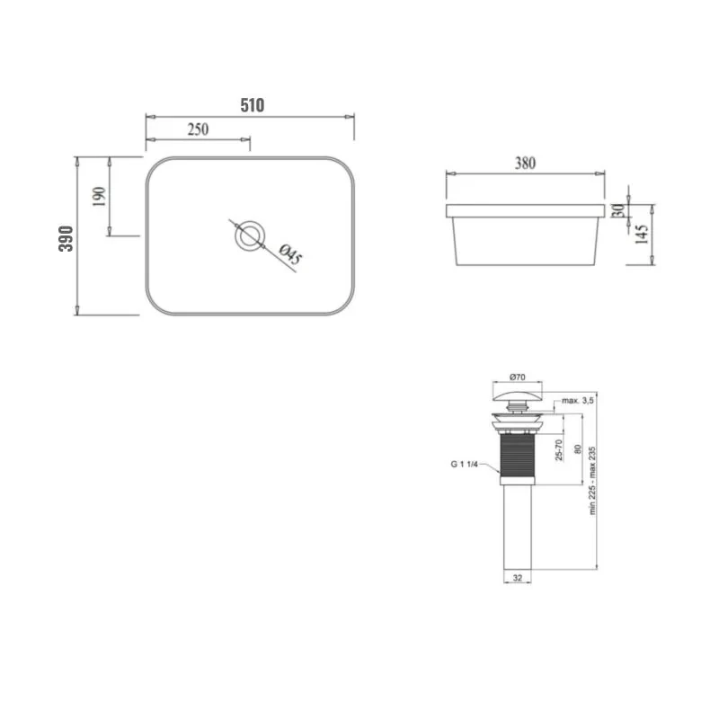 Комплект Qtap Scorpio: Раковина врезная прямоугольная 510х390х145 мм White + Донный клапан PU02