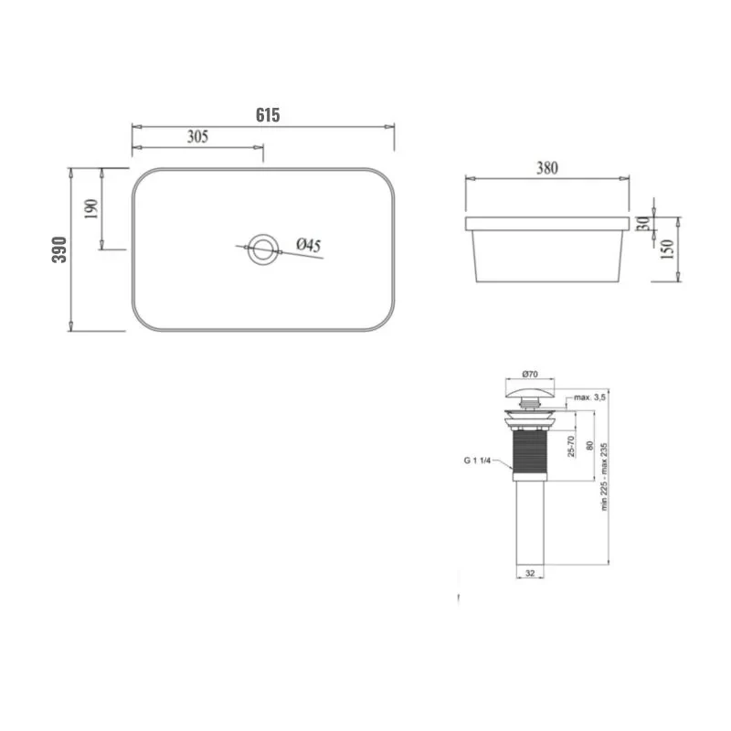 Комплект Qtap Scorpio: Раковина врезная прямоугольная 615х390х150 мм White + Донный клапан PU02