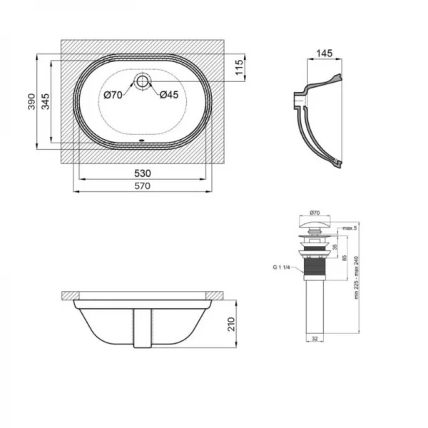 Комплект Qtap Stork: Раковина врезная овальная 570x390x210 мм White + Донный клапан PU02O