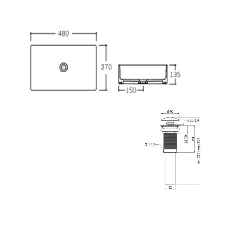 Комплект Qtap Tern: Раковина накладная прямоугольная 480х370х135 мм White + Донный клапан PU02