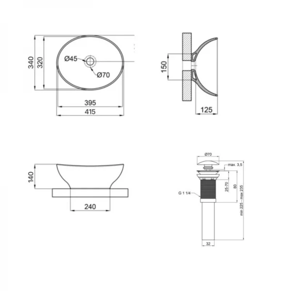 Комплект Qtap Dove: Раковина накладная овальная 415x340x140 мм Matt Black + Донный клапан PU03