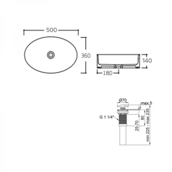Комплект Qtap Kolibri: Раковина накладная овальная 500x360x140 мм White + Донный клапан PU02