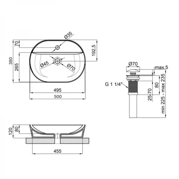 Комплект Qtap Scorpio: Раковина накладная овальная 500x380x120 мм Matt Black + Донный клапан PU03