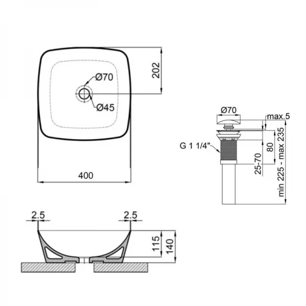 Комплект Qtap Kolibri: Раковина накладная квадратная 415х415х150 мм Matt Black + Донный клапан PU03