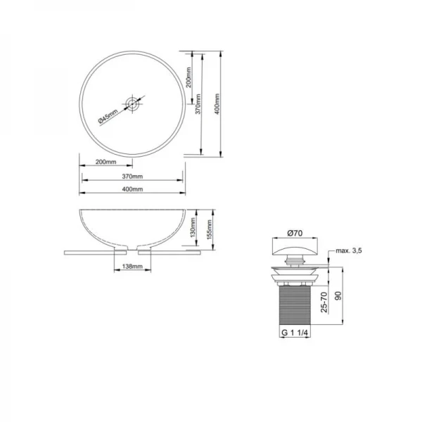 Комплект Qtap Owl: Раковина накладная круглая 400х400х155 мм White + Донный клапан PU02