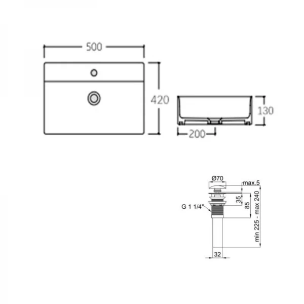 Комплект Qtap Nando LT: Раковина подвесная прямоугольная 500х420х130 мм Matt Black + Донный клапан PU03O