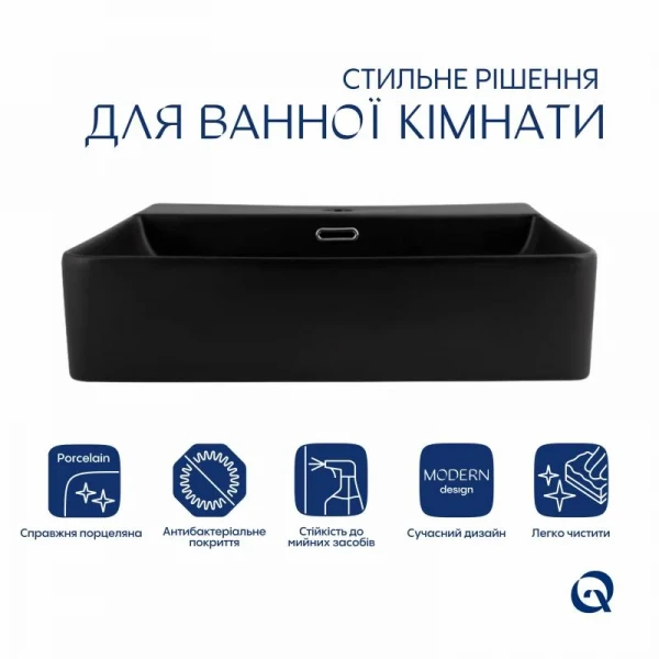 Комплект Qtap Nando LT: Раковина подвесная прямоугольная 500х420х130 мм Matt Black + Донный клапан PU03O