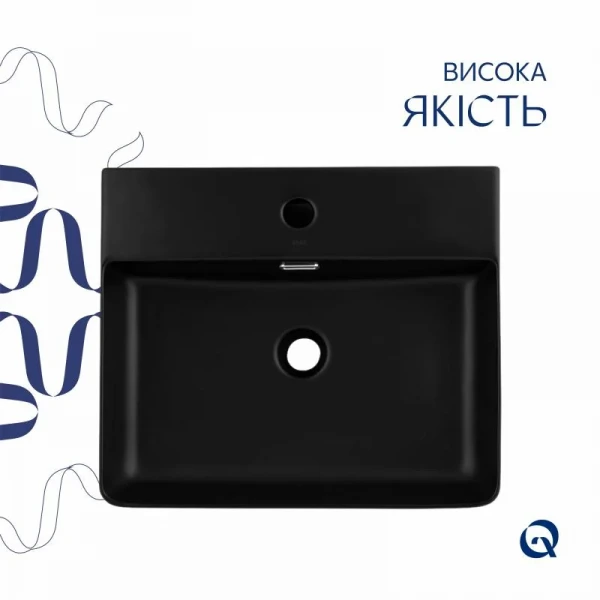 Комплект Qtap Nando LT: Раковина подвесная прямоугольная 500х420х130 мм Matt Black + Донный клапан PU03O