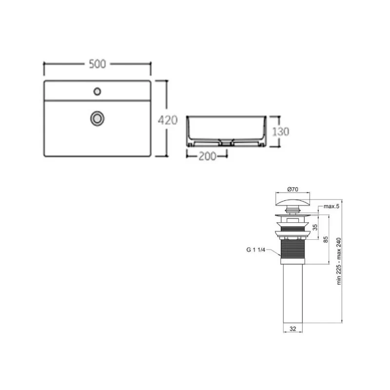 Комплект Qtap Nando LT: Раковина подвесная прямоугольная 500х420х130 мм White + Донный клапан PU02O