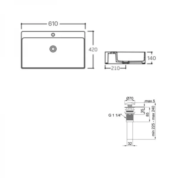 Комплект Qtap Nando LT: Раковина подвесная прямоугольная 610х420х140 мм White + Донный клапан PU02O