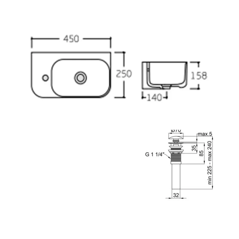 Комплект Qtap Tern: Раковина подвесная прямоугольная левая 450х250х158 мм White + Донный клапан PU02O