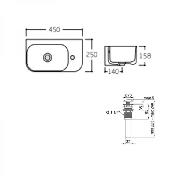 Комплект Qtap Tern: Раковина подвесная прямоугольная правая 450х250х158 мм White + Донный клапан PU02O