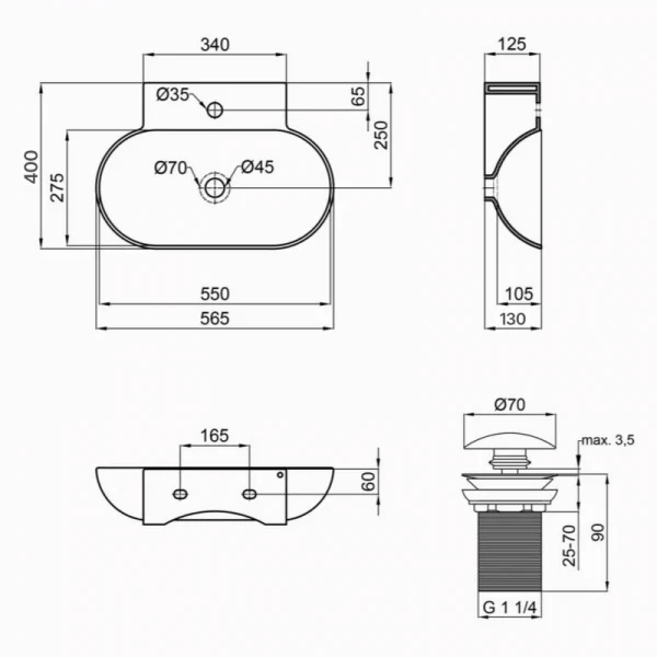 Комплект Qtap Cardinal: Раковина подвесная / накладная овальная 565х400х130 мм White + Донный клапан PU02