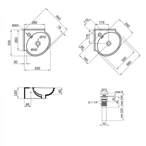 Комплект Qtap Leo N: Раковина подвесная угловая овальная 380x360x130 мм WHITE + Донный клапан PU02O